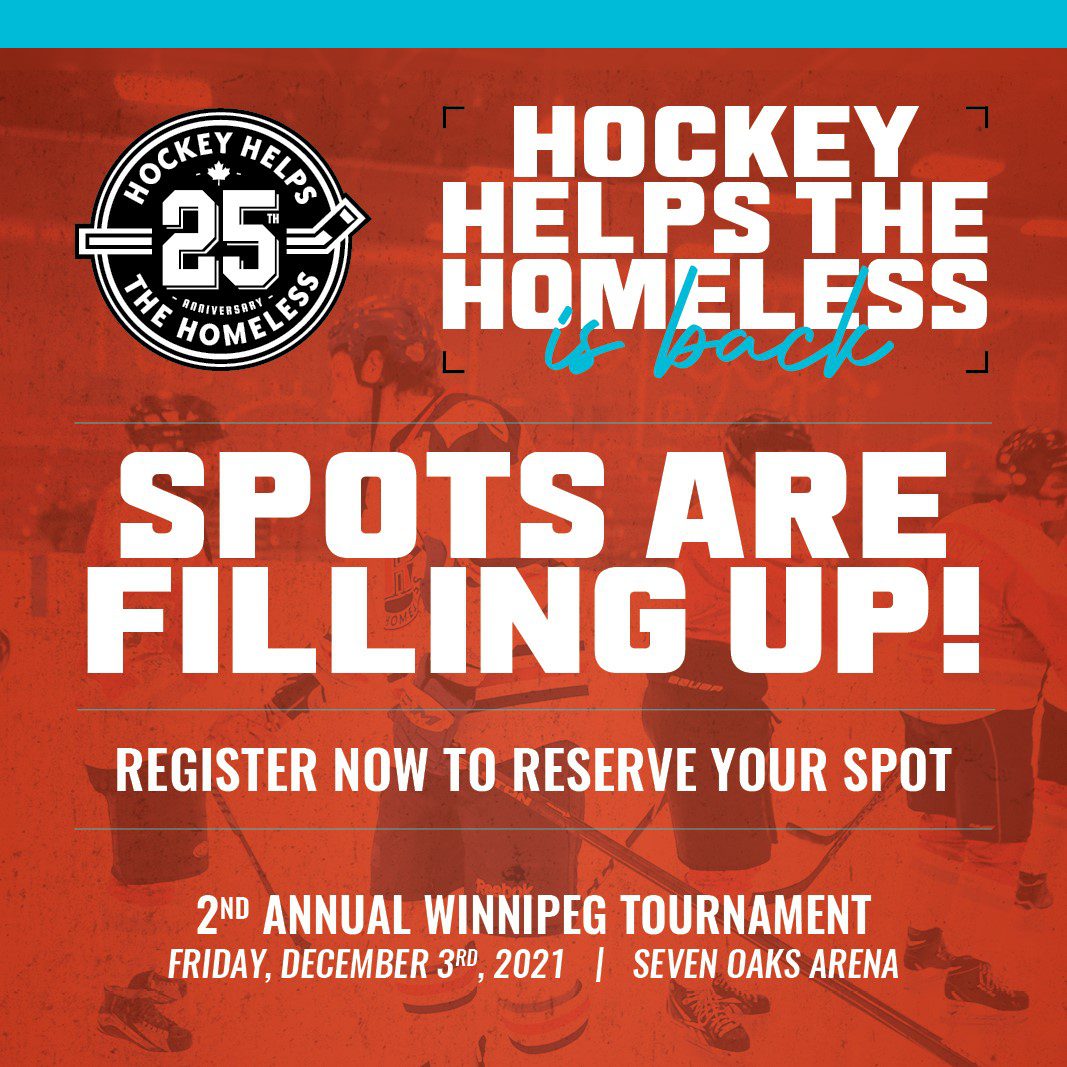 A poster with the words " hockey helps the homeless ".