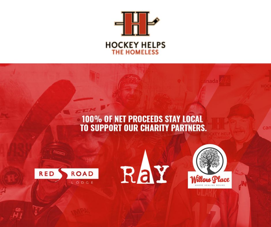 A red road and ray are logos for hockey helps.